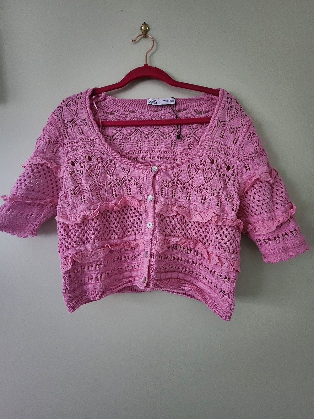 Zara Pink Crochet Button-Front Cardigan with Ruffle Detail